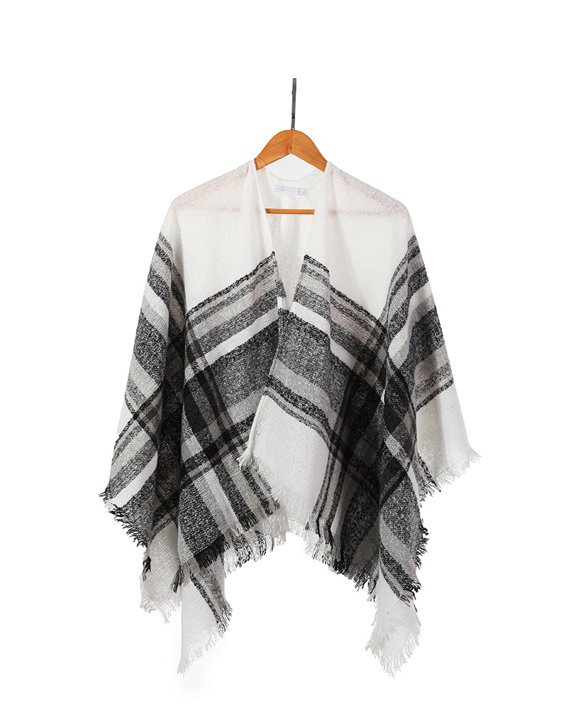 black and white squares wrap tassels scarf