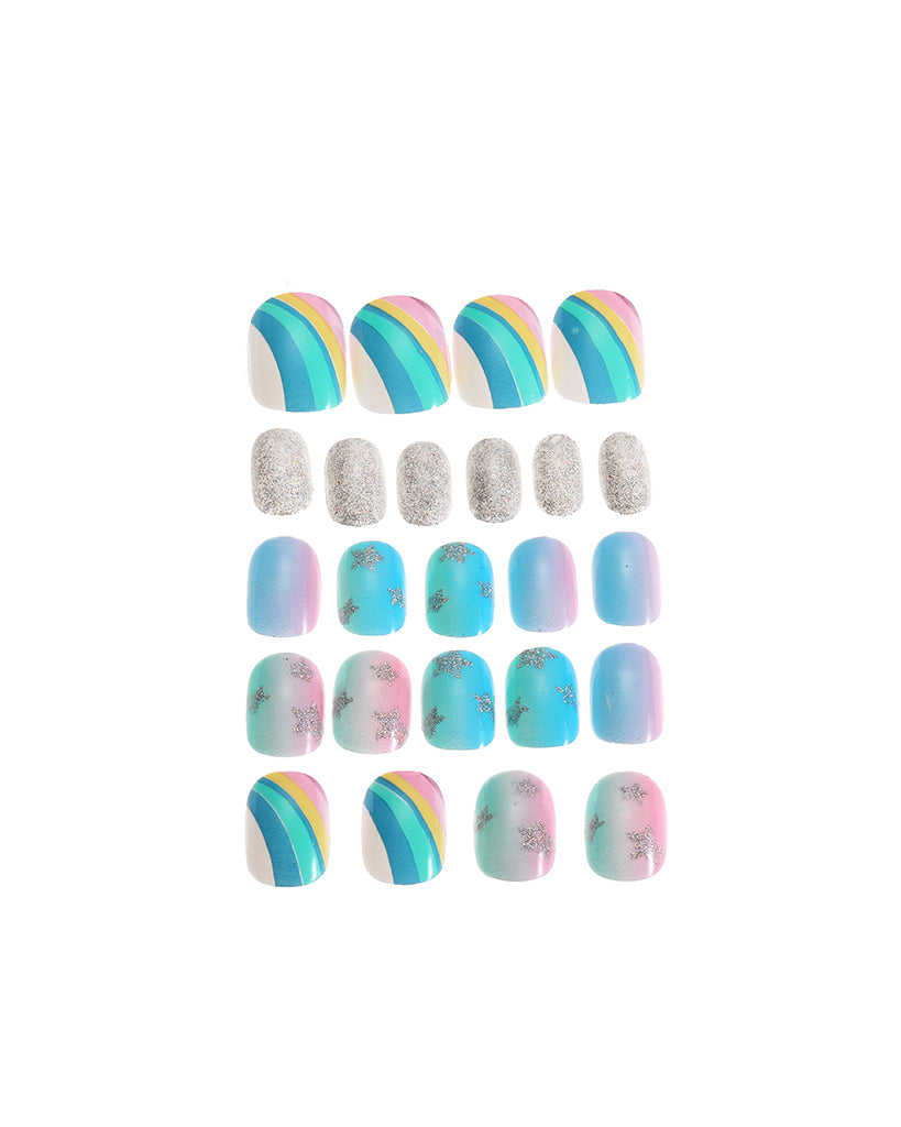 Children Acrylic Fake Nails Press on Pre-glue Full Cover Glitter Gradient Color Rainbow Short Sticky Fake Nails Kids Nails Set for Little Girls - Colorful Rainbow Series
