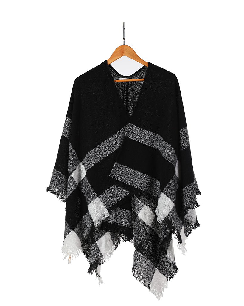 black and white squares wrap tassels scarf